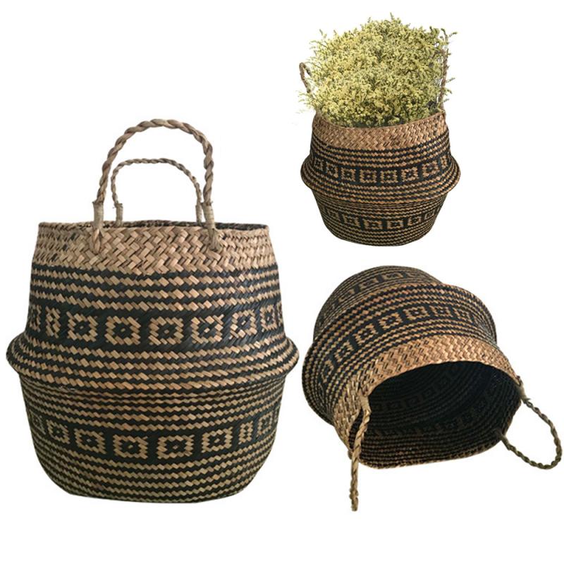 Foldable Handmade Woven Basket Seagrass for Storage, Home Decoration, Plants